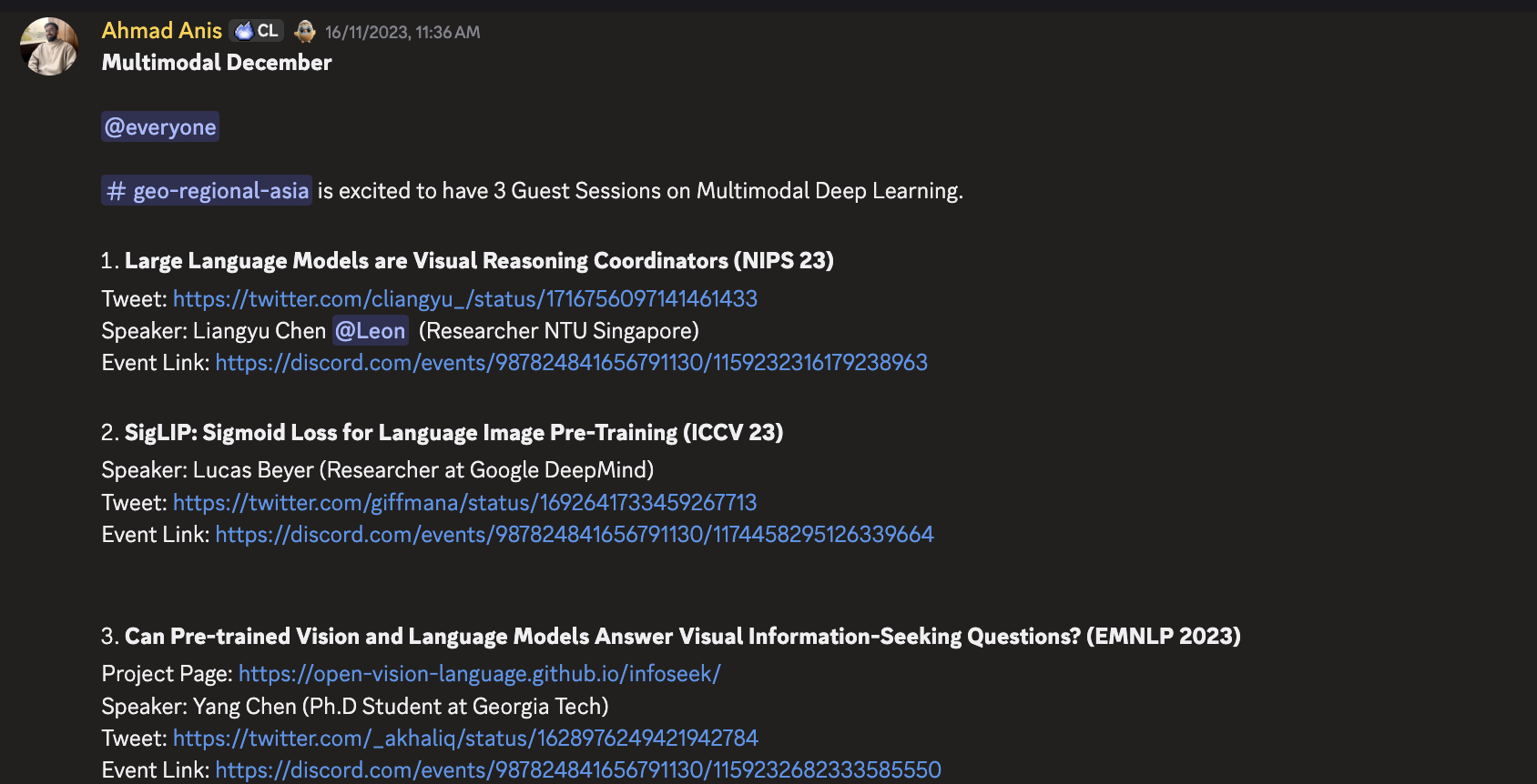 Discord announcement for three Multimodal December guest sessions hosted by the geo-regional Asia channel.